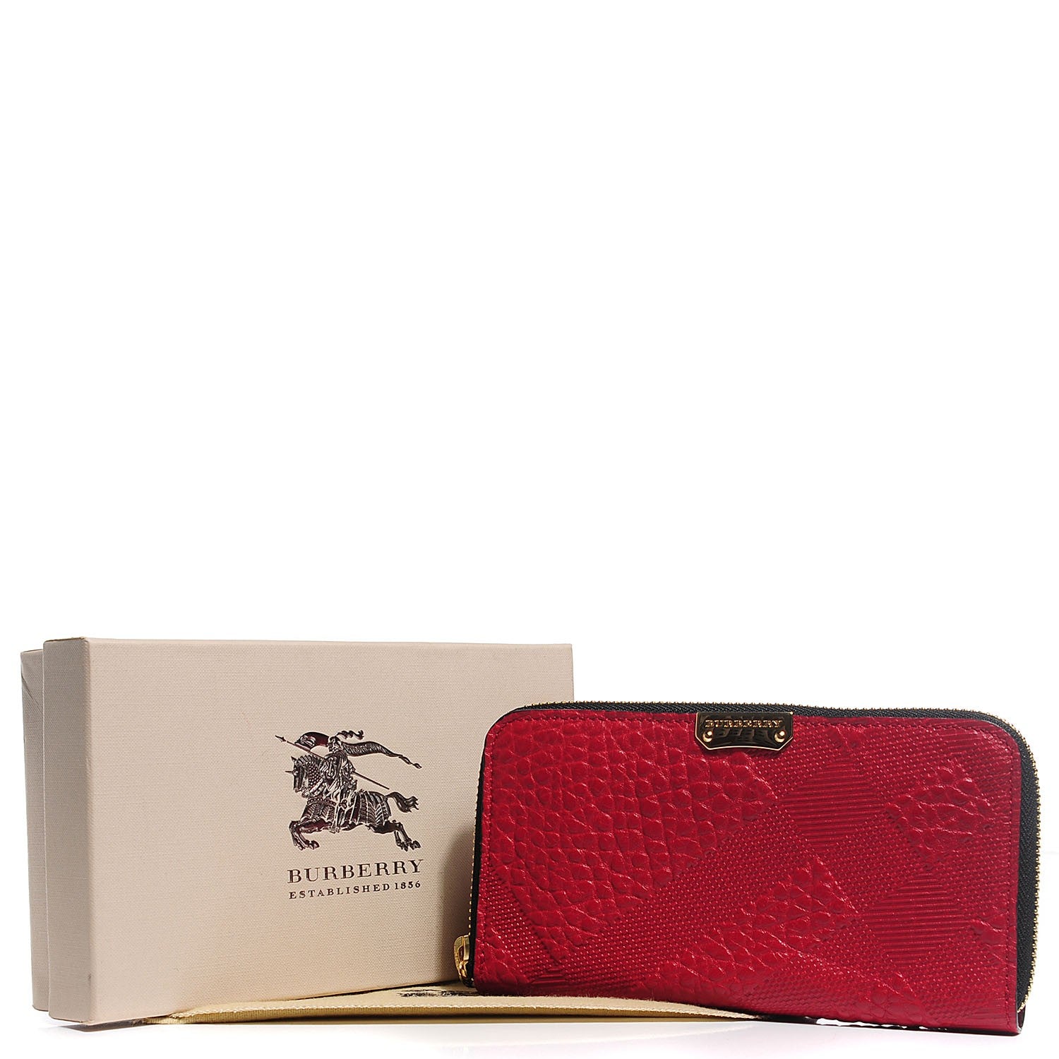Burberry Grainy Calfskin Check Embossed Elmore Zip Around Wallet Red 5 of 9