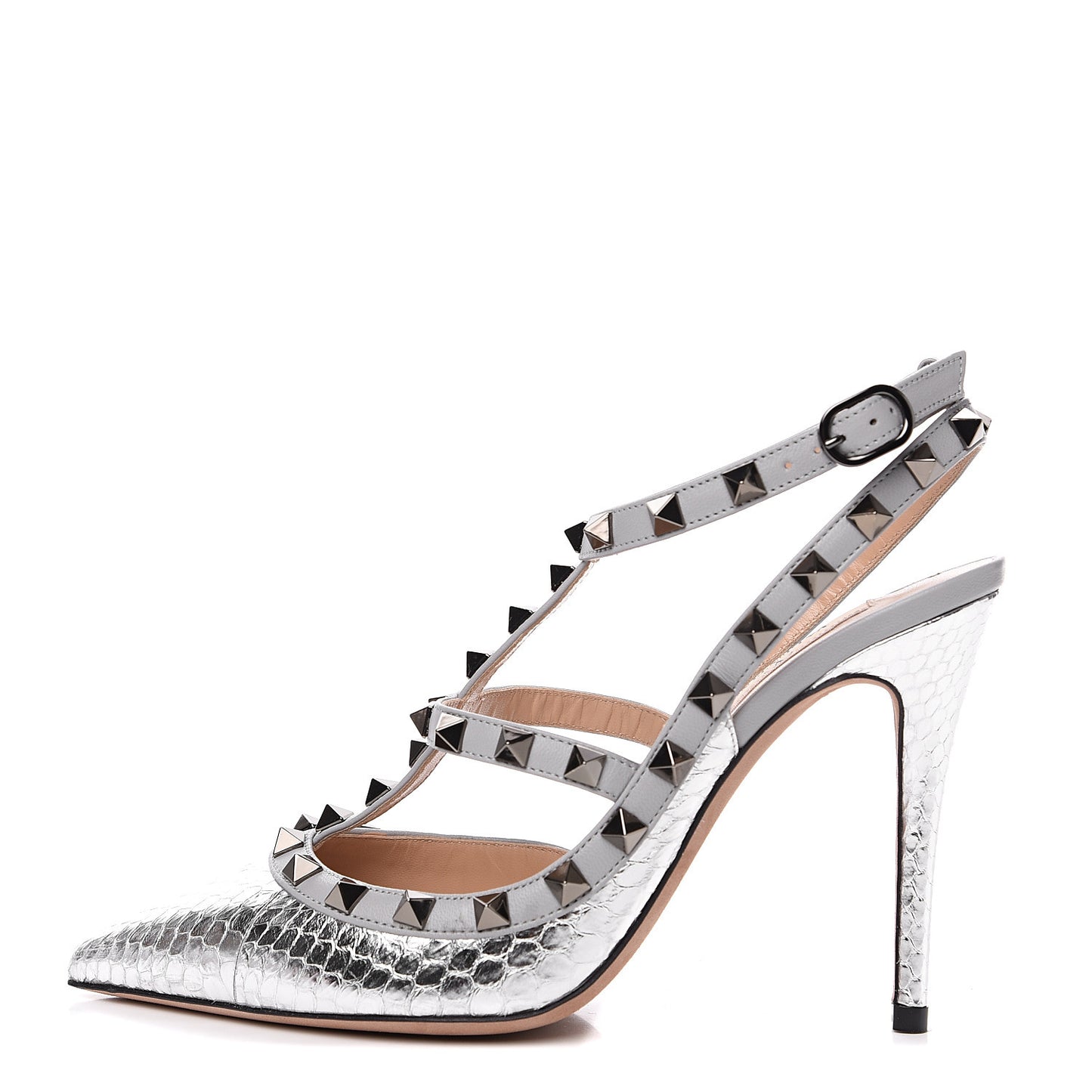 Metallic Watersnake Rockstud Ankle Strap 100mm Pumps 37 Silver Pastel Grey