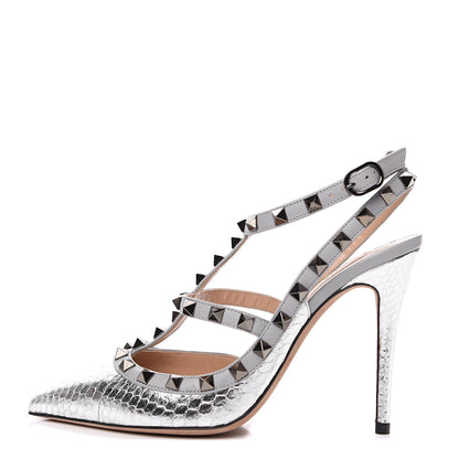 Valentino Garavani Metallic Watersnake Rockstud Ankle Strap 100mm Pumps 37 Silver Pastel Grey 1 of 9