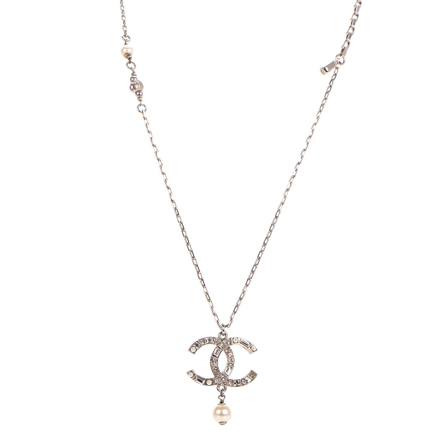 Pearl Baguette Crystal CC Chain Necklace Silver