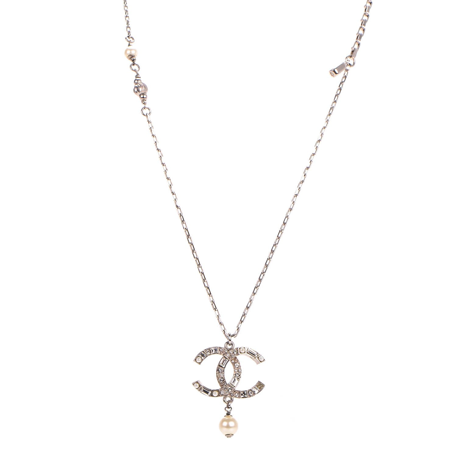 Chanel Pearl Baguette Crystal CC Chain Necklace Silver 1 of 5