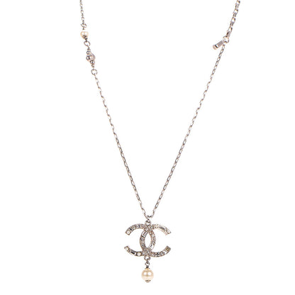 Chanel Pearl Baguette Crystal CC Chain Necklace Silver 1 of 5