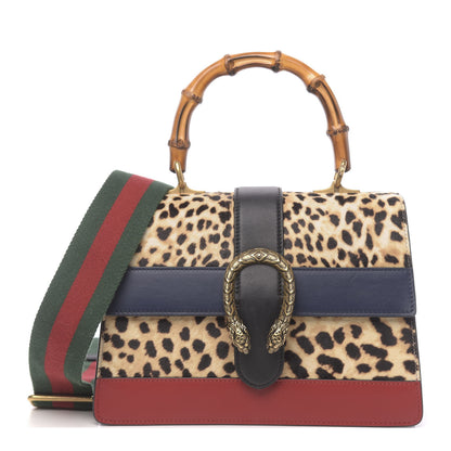 Gucci Calf Hair Calfskin Bamboo Web Leopard Print Medium Dionysus Top Handle Bag Natural Blue Agata Hibiscus Red 1 of 12