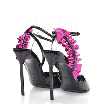 Saint Laurent Patent Calfskin Ayers Edie 110 Leaf Slingback Pumps 37.5 Black Fuschia 4 of 10