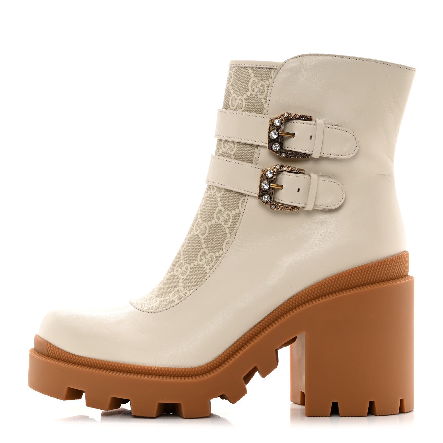 Gucci Kensington Calfskin Nappa GG Supreme Monogram Womens Double Buckle Ankle Boots 41 Mystic White Beige 1 of 9