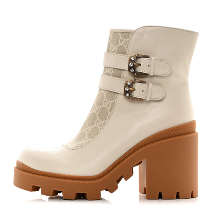 Gucci Kensington Calfskin Nappa GG Supreme Monogram Womens Double Buckle Ankle Boots 41 Mystic White Beige 1 of 9