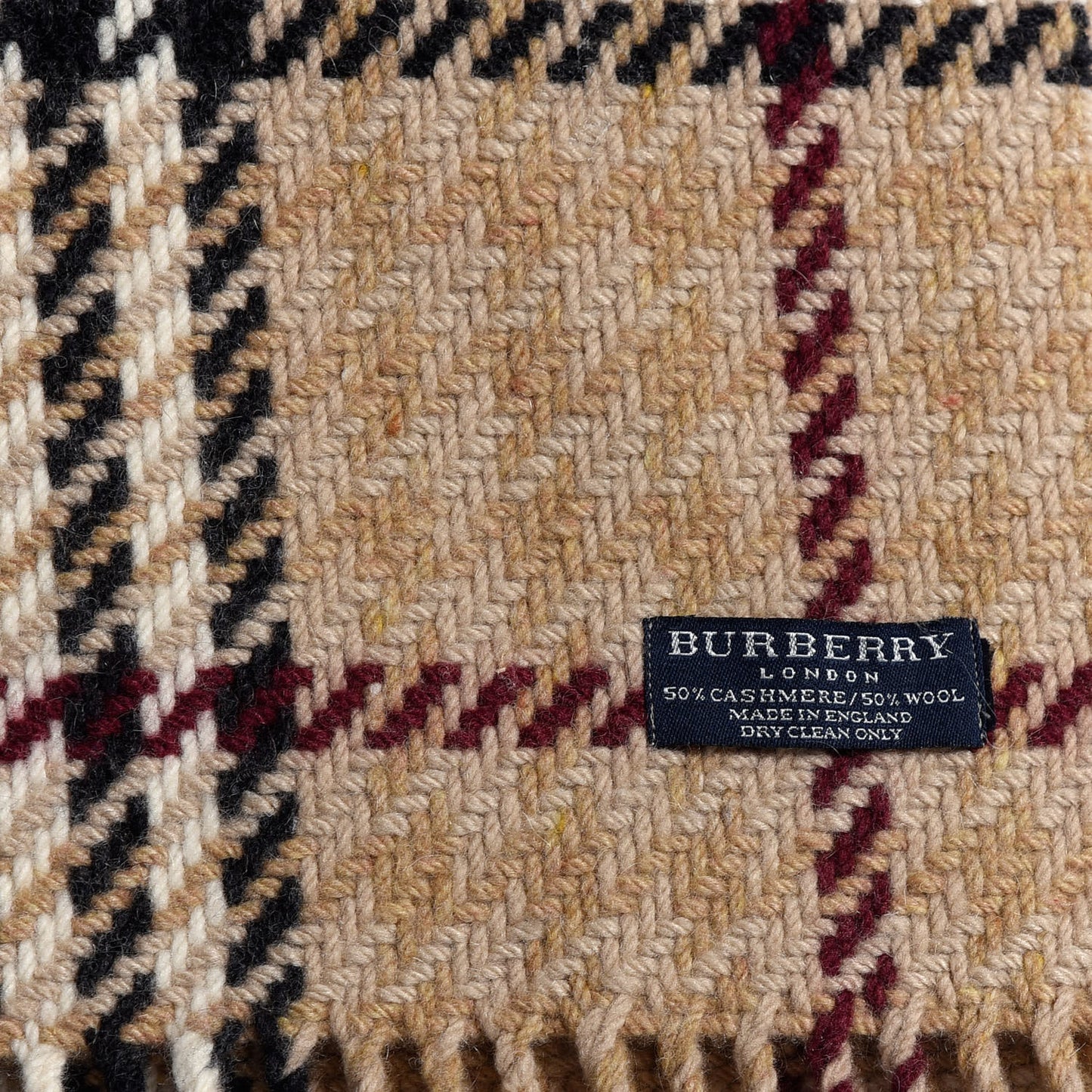 Cashmere Wool Houndstooth Check Fringe Scarf Archive Beige