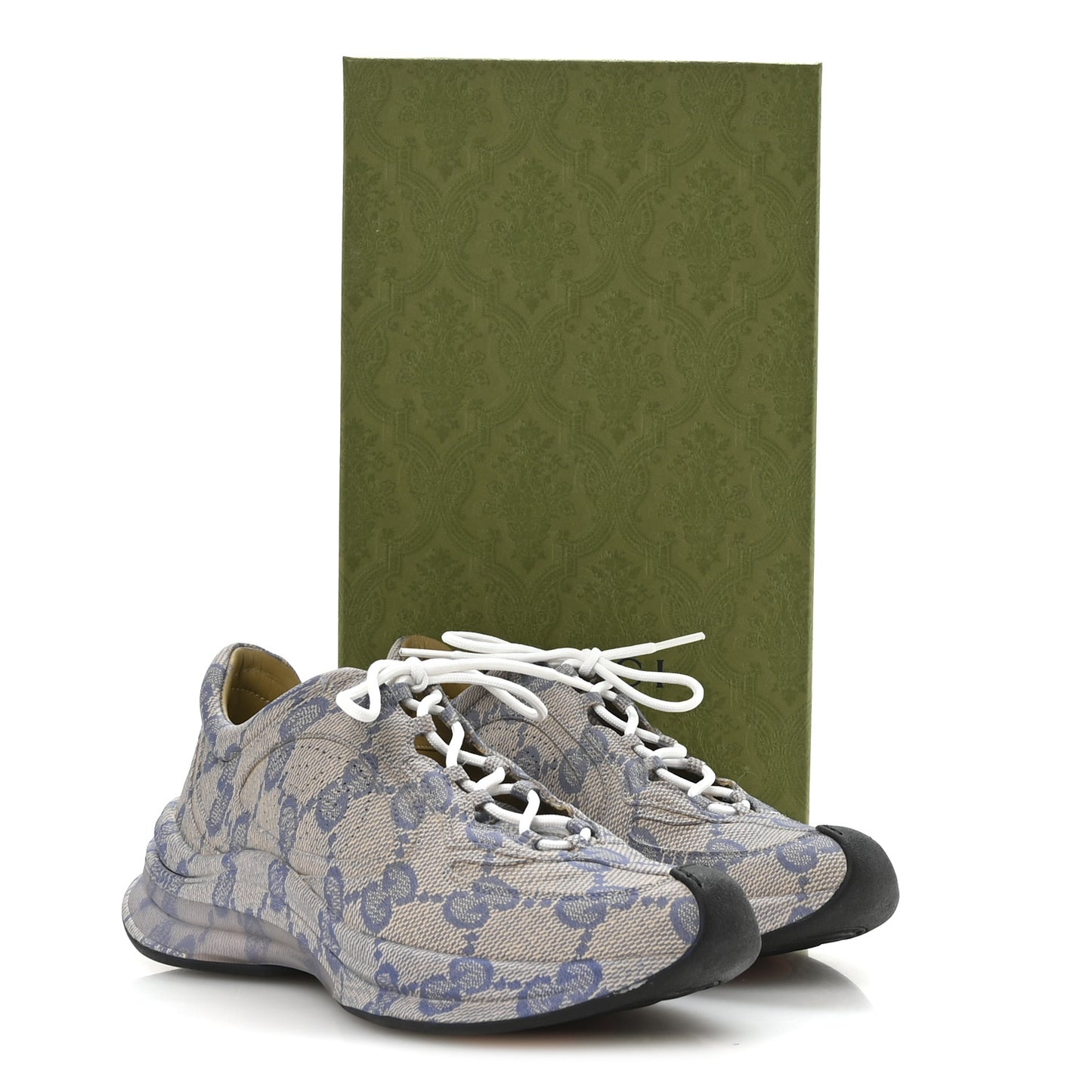 Ultralight Plume Calfskin Monogram Printed Womens Gucci Run Sneakers 37 Beige Blue