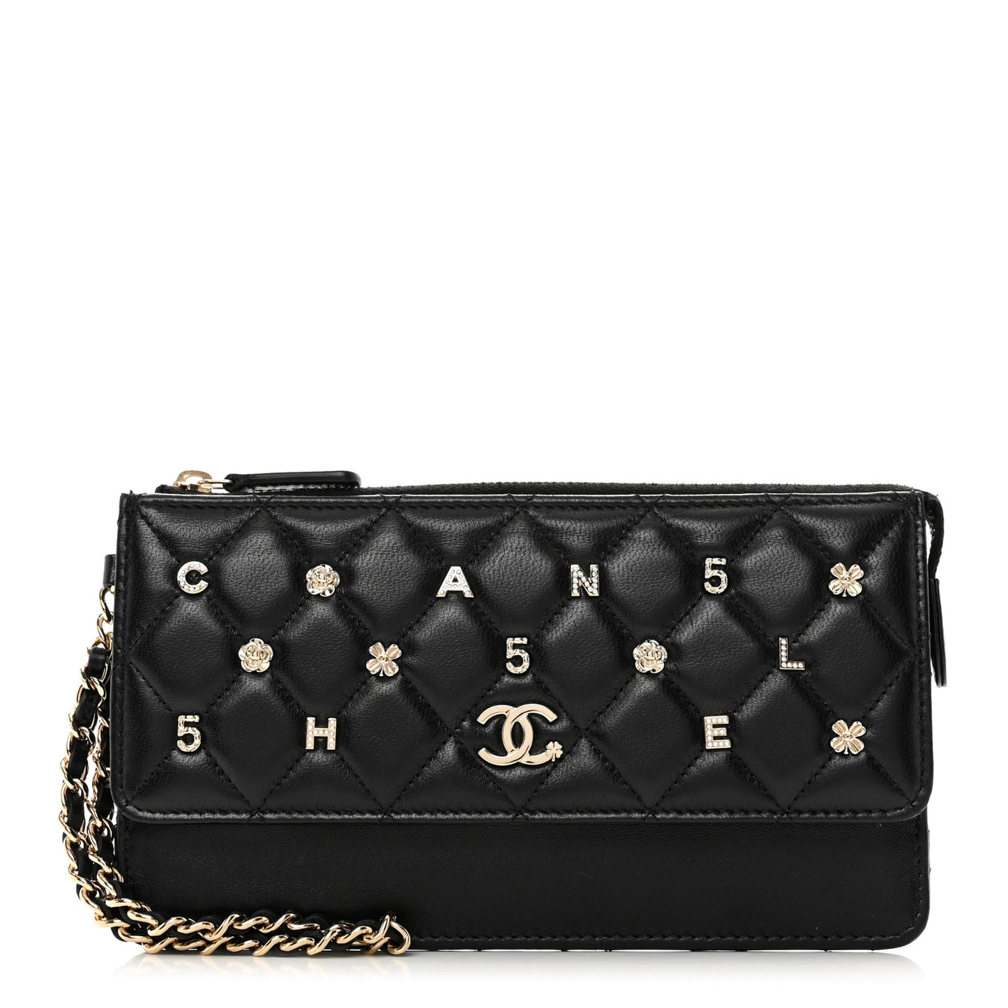 Lambskin Quilted All About Chanel Charm Wristlet Wallet Black