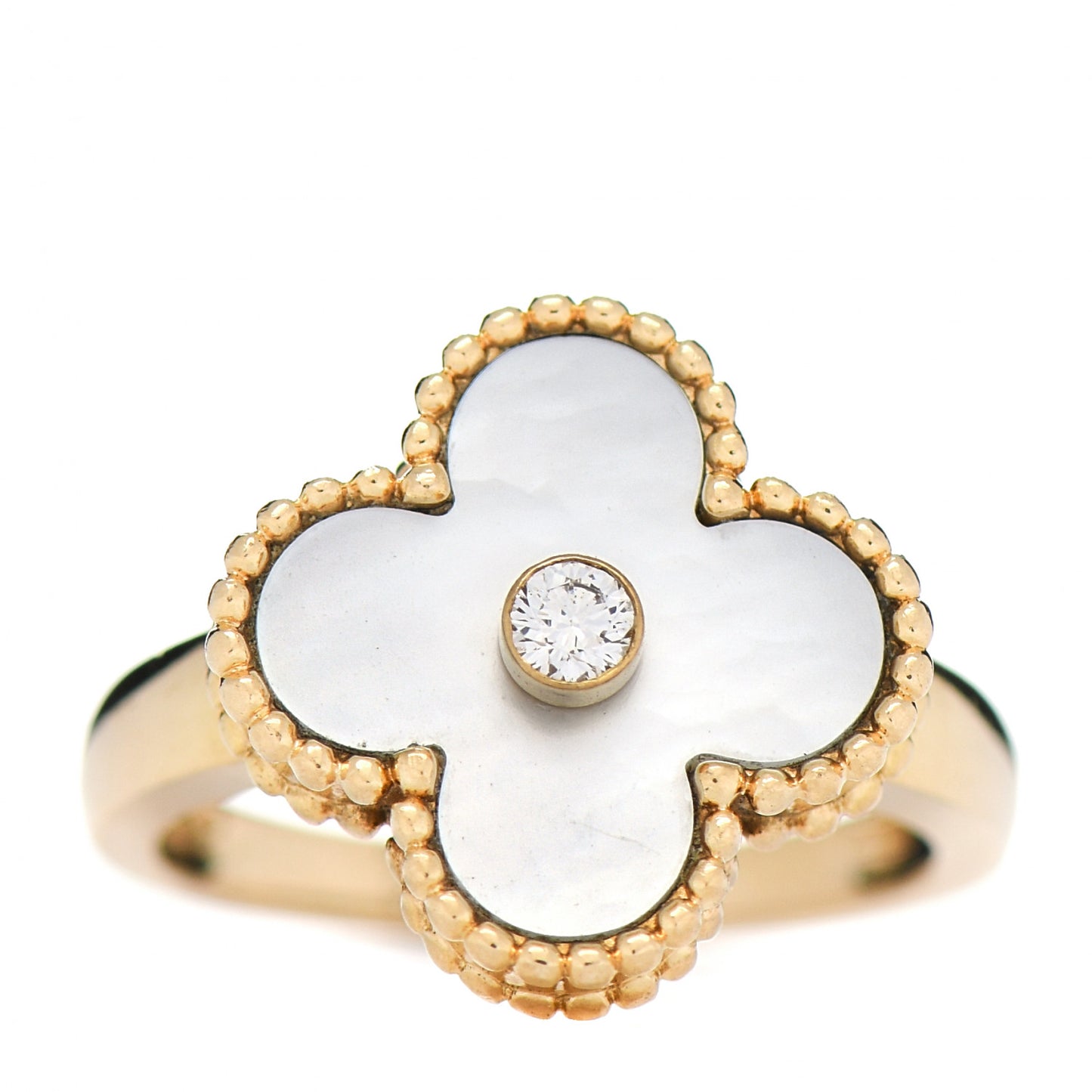 18K Yellow Gold Diamond Mother of Pearl Vintage Alhambra Ring 49 5