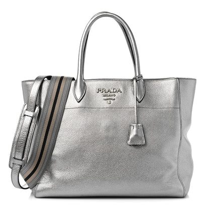 Prada Metallic Vitello Daino Top Handle Tote Cromo 1 of 11