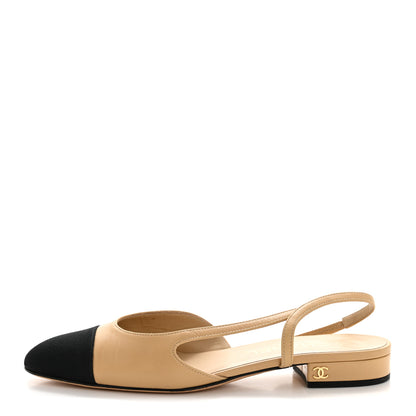 Chanel Goatskin Grosgrain Cap Toe CC Slingback Sandals 36.5 Beige Black 1 of 11