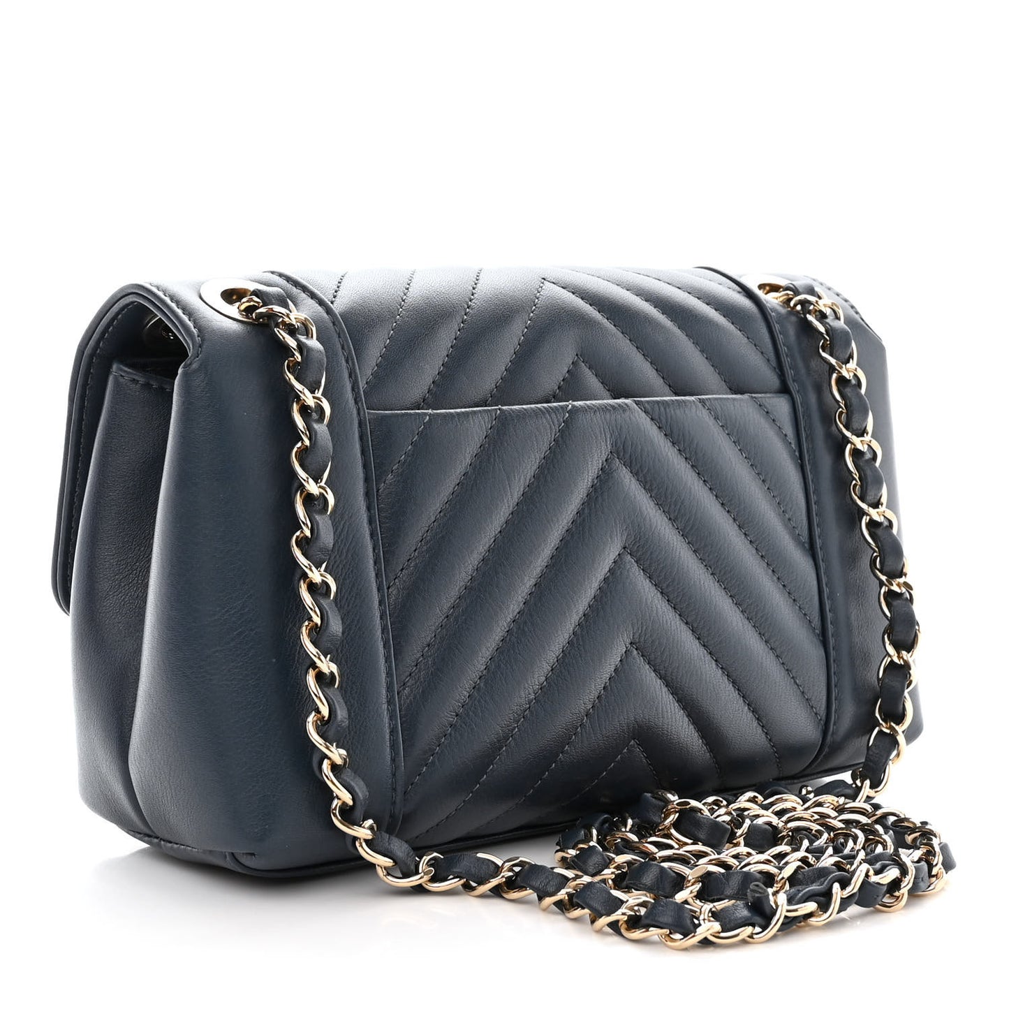 Calfskin Quilted Medium Daily Chevron Flap Navy Blue