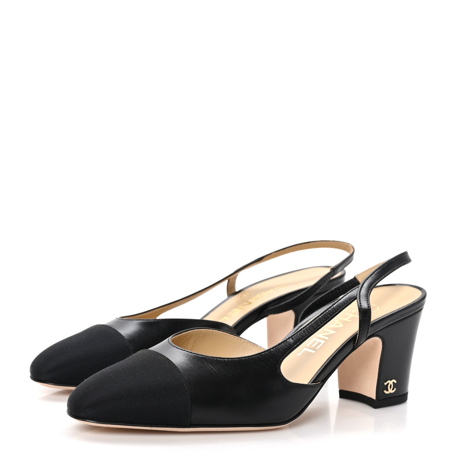 Chanel Goatskin Grosgrain Cap Toe CC Slingback Sandals 36.5 Black 3 of 9