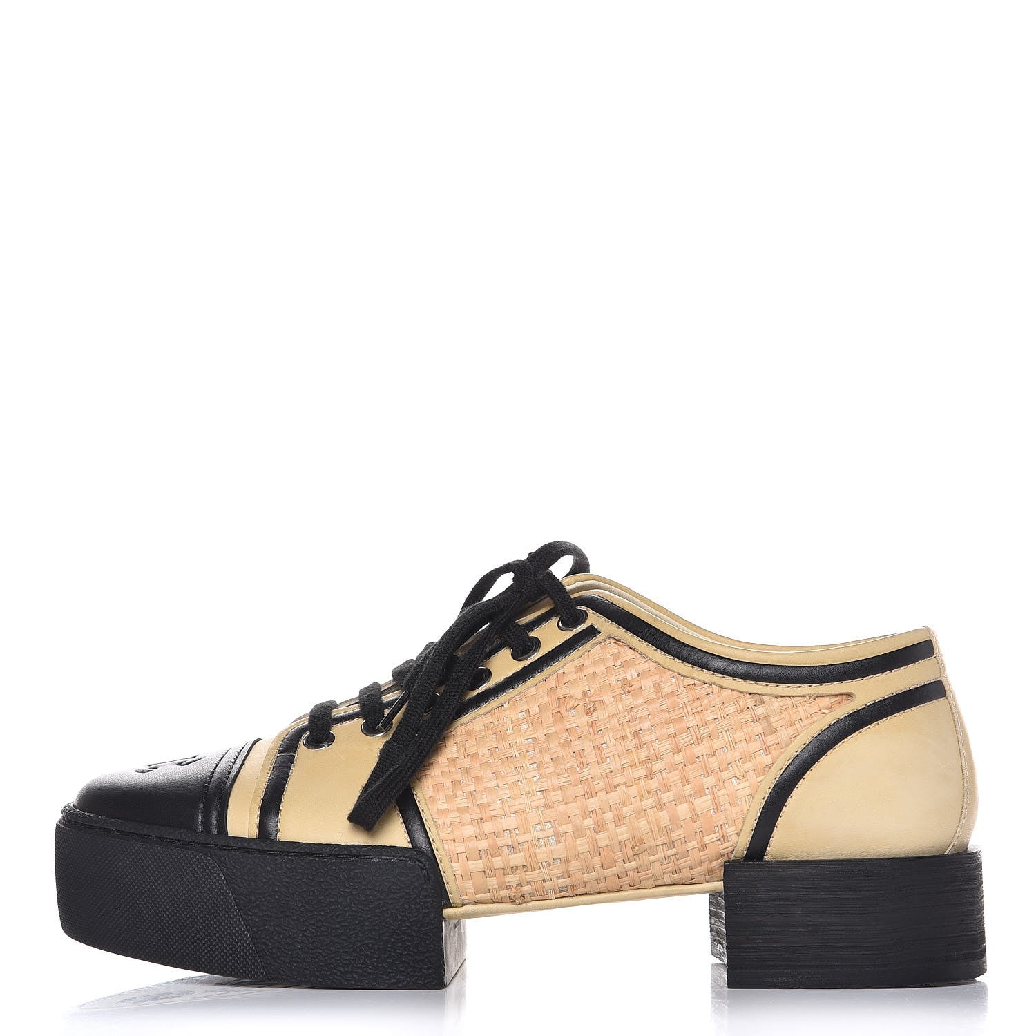Chanel Straw Calfskin Lace Up Sneakers 39.5 Beige Black 1 of 9