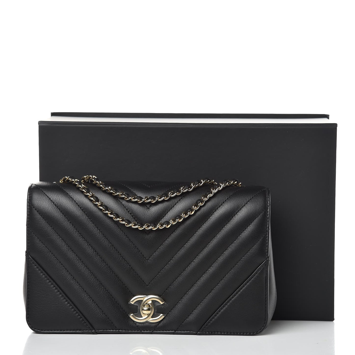 Calfskin Chevron Quilted Statement Flap Black