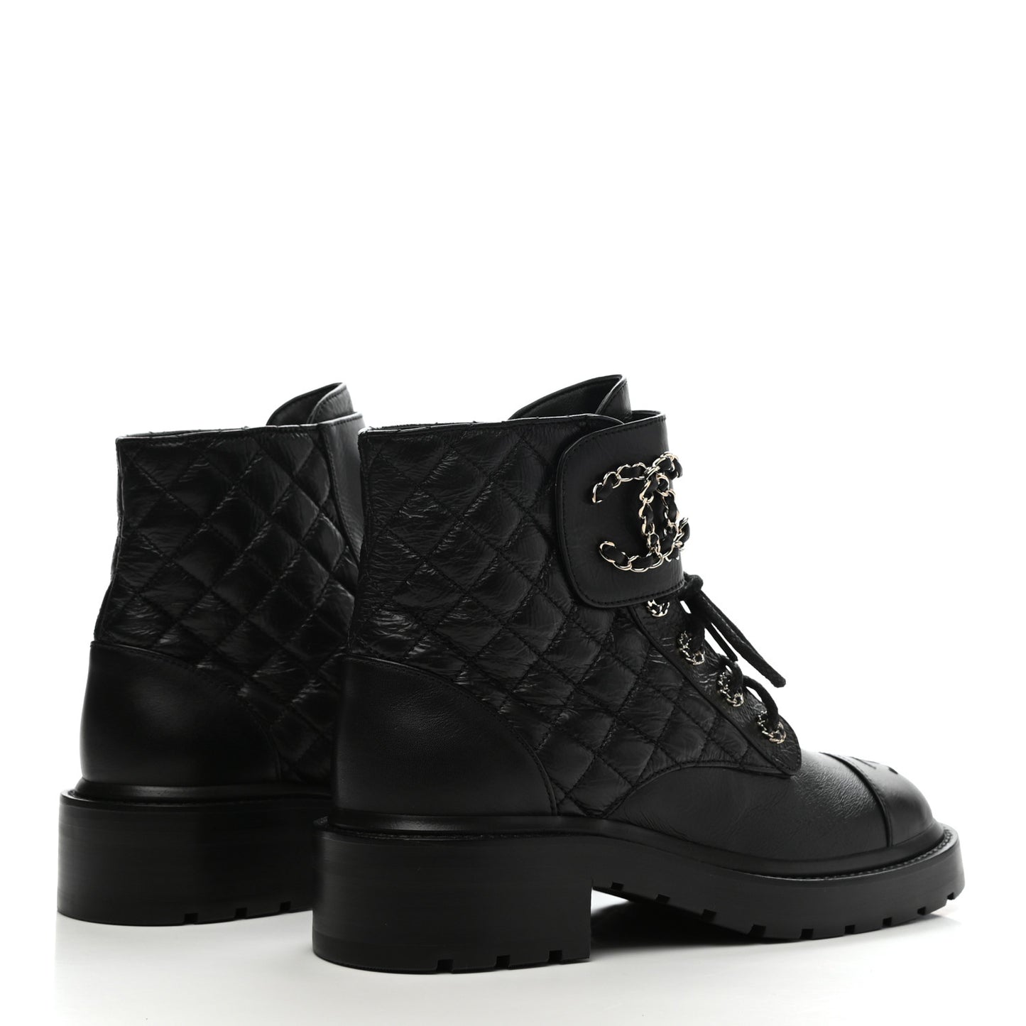 Shiny Goatskin Calfskin Quilted Lace Up Combat Boots 38 Black