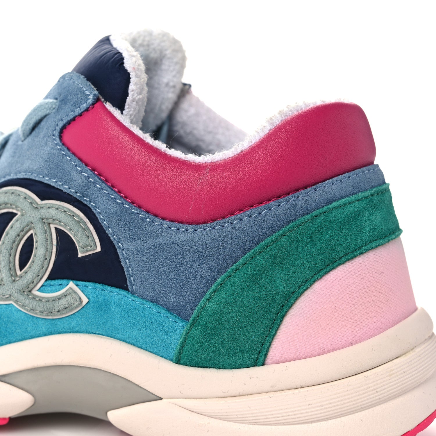 Chanel Nylon Calfskin Suede CC Sneakers 39.5 Navy Turquoise 10 of 16