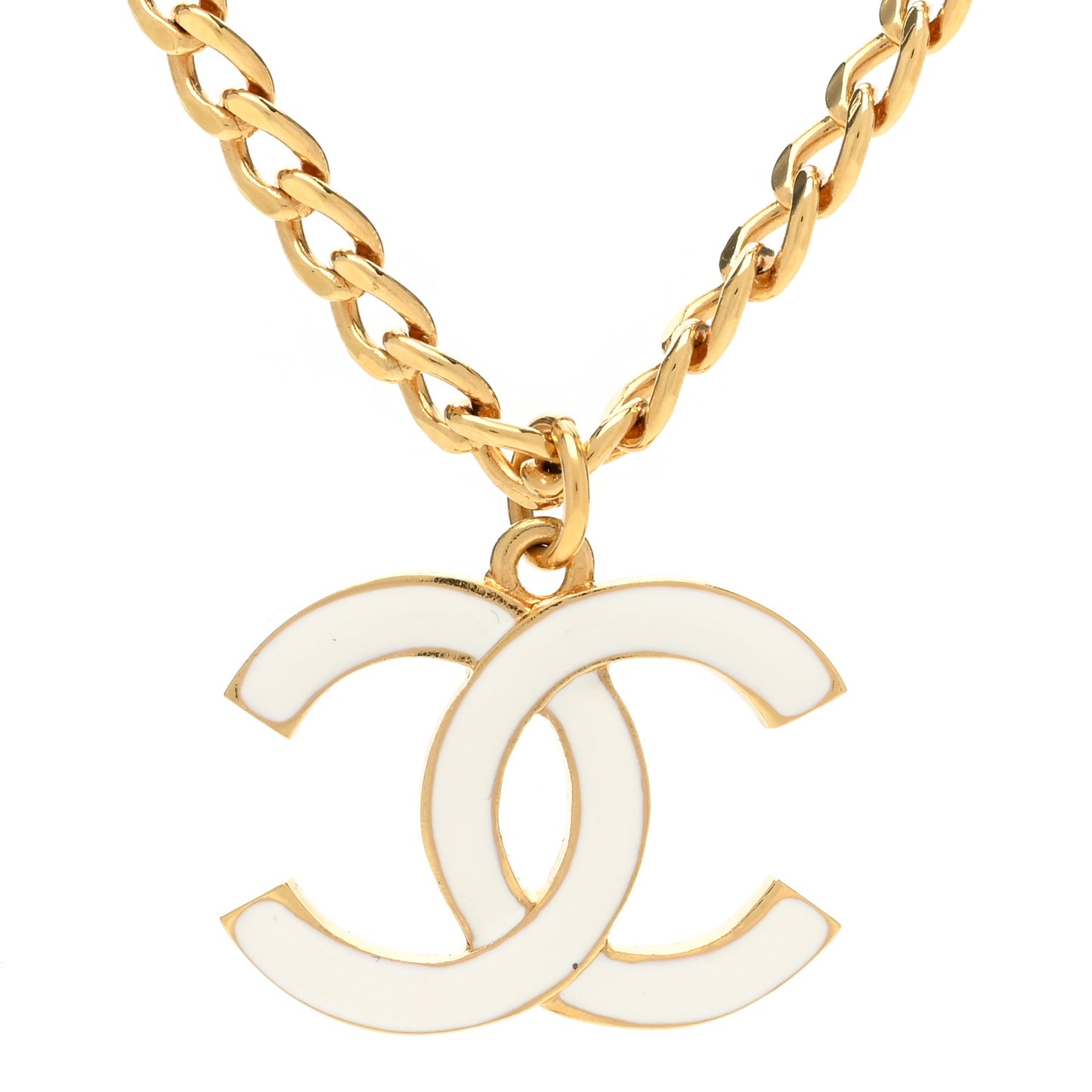 Metal Enamel CC Chain Necklace Gold White