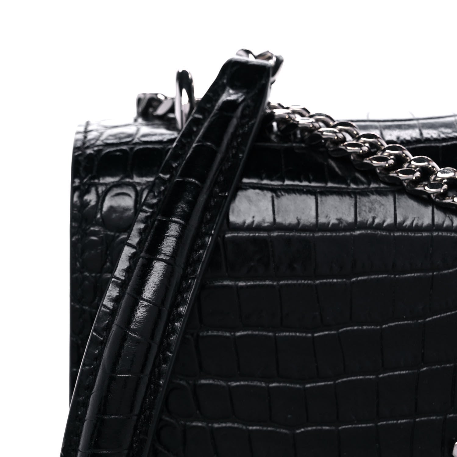 Saint Laurent Calfskin Crocodile Embossed Monogram Sunset Chain Wallet Black 8 of 15