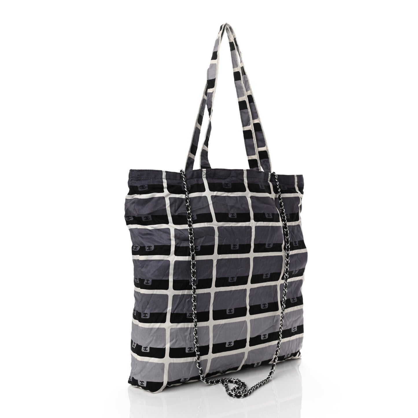 Jersey Fabric Quilted Foldable Tote With Chain Black Multicolor