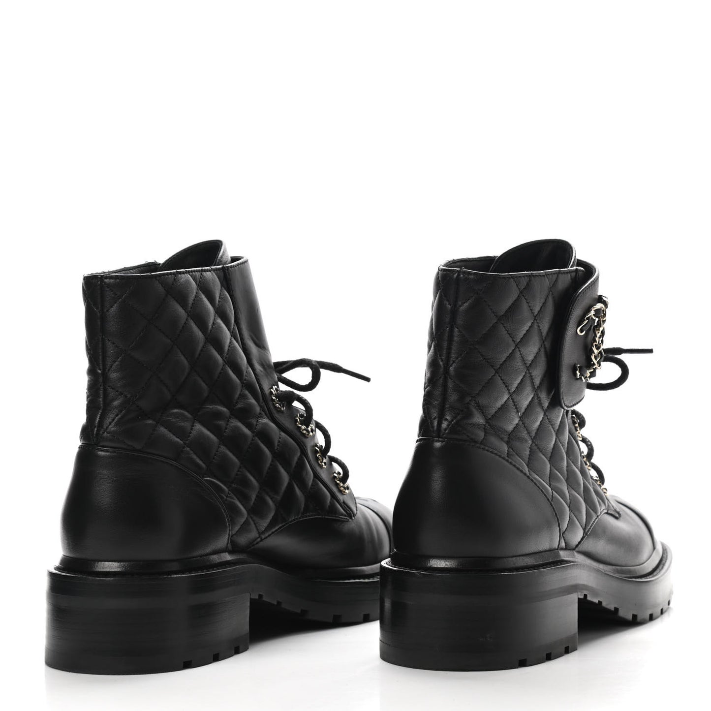 Shiny Lambskin Quilted Lace Up Combat Boots 39 Black