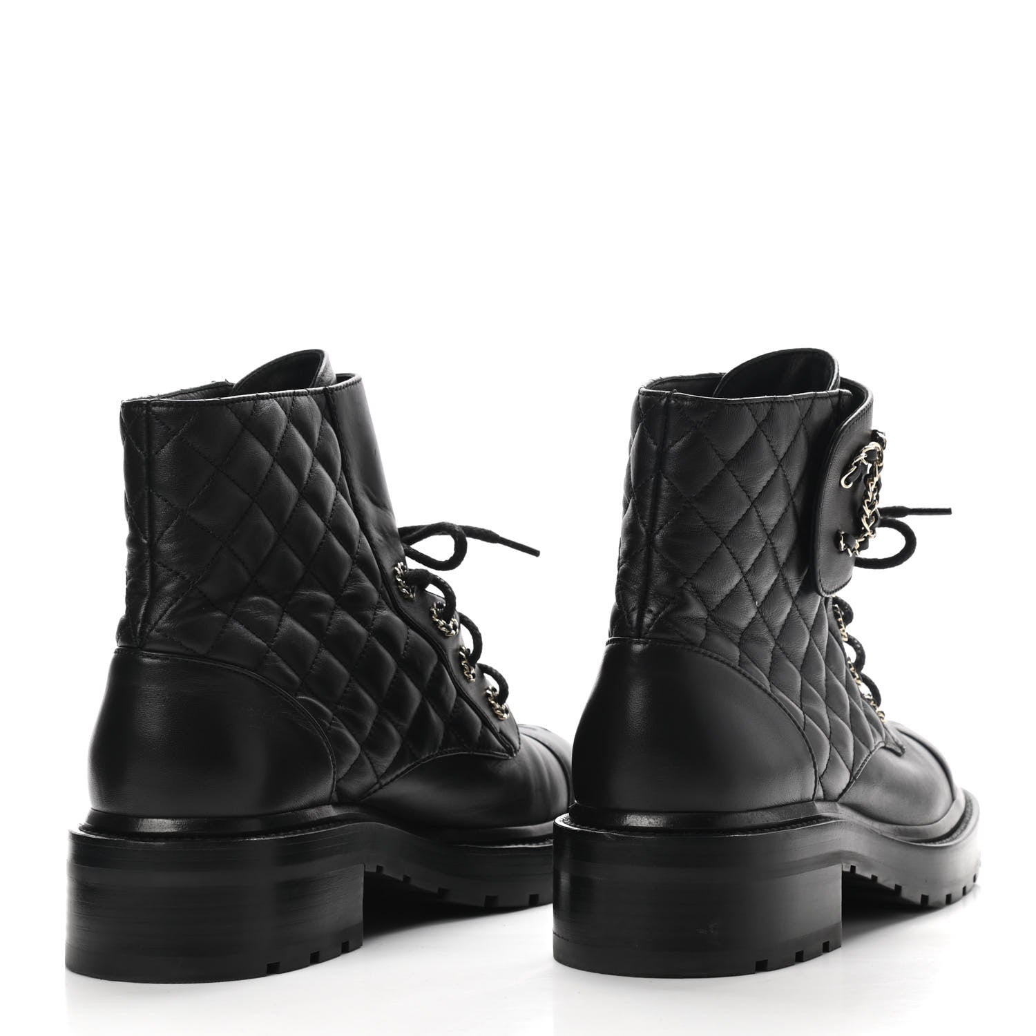 Chanel Shiny Lambskin Quilted Lace Up Combat Boots 39 Black 5 of 8