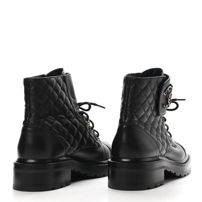 Chanel Shiny Lambskin Quilted Lace Up Combat Boots 39 Black 5 of 8