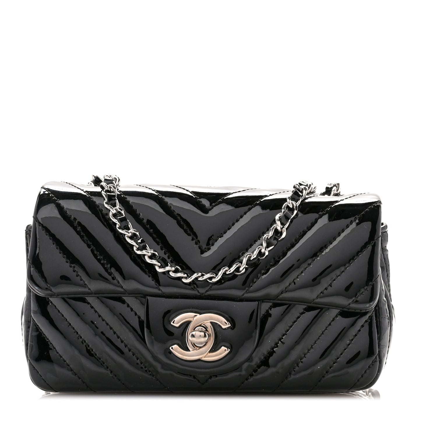 Patent Calfskin Chevron Quilted Extra Mini Flap Black