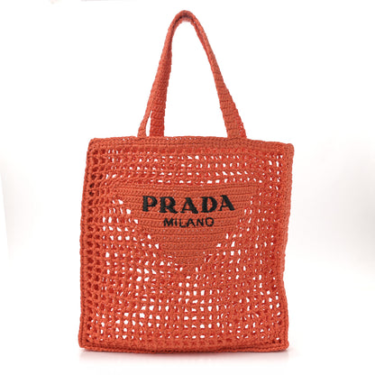 Prada Yarn Raffia Effect Crochet Logo Embroidered Tote Bag Arancio 1 of 9