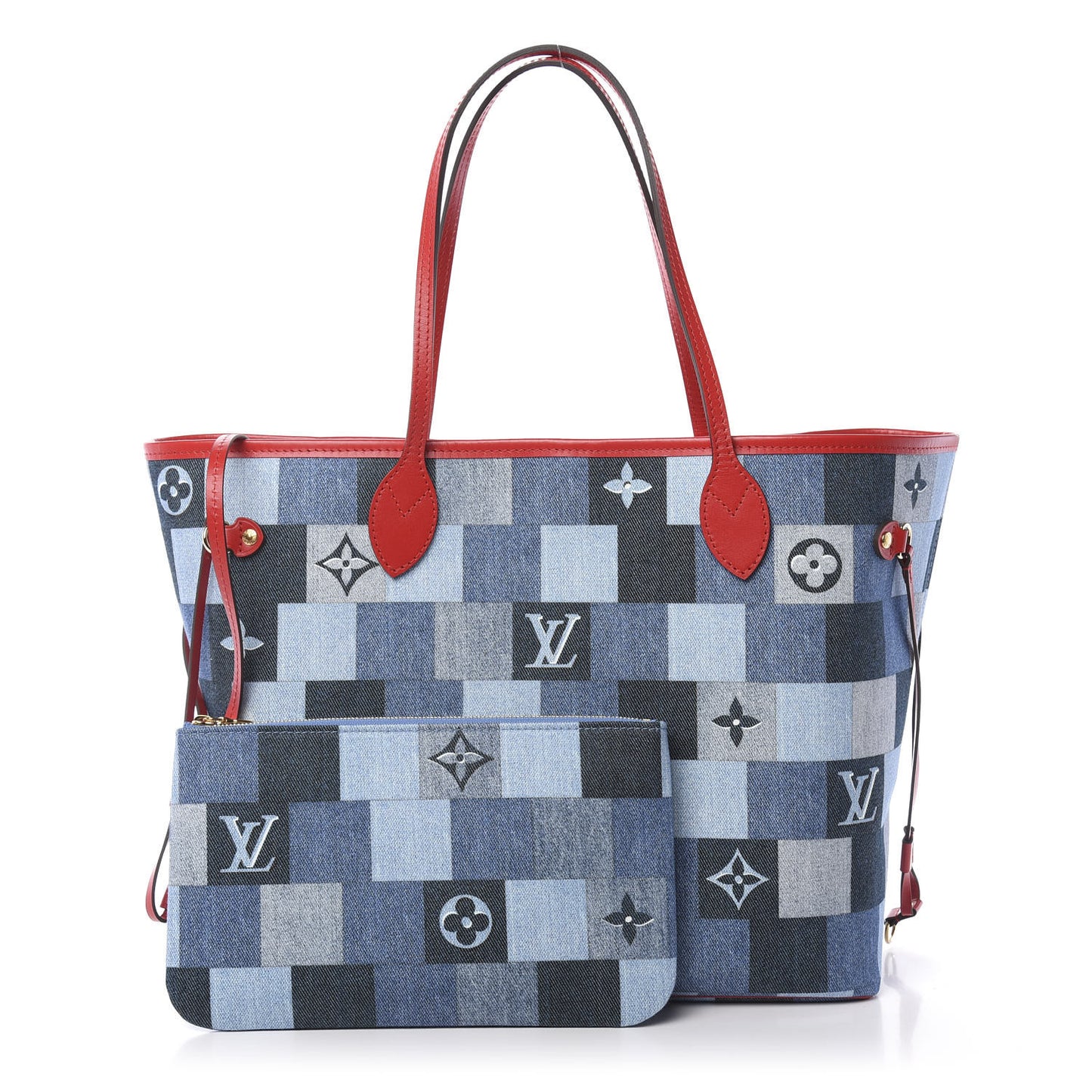 Denim Damier Monogram Patchwork Neverfull Blue Rouge