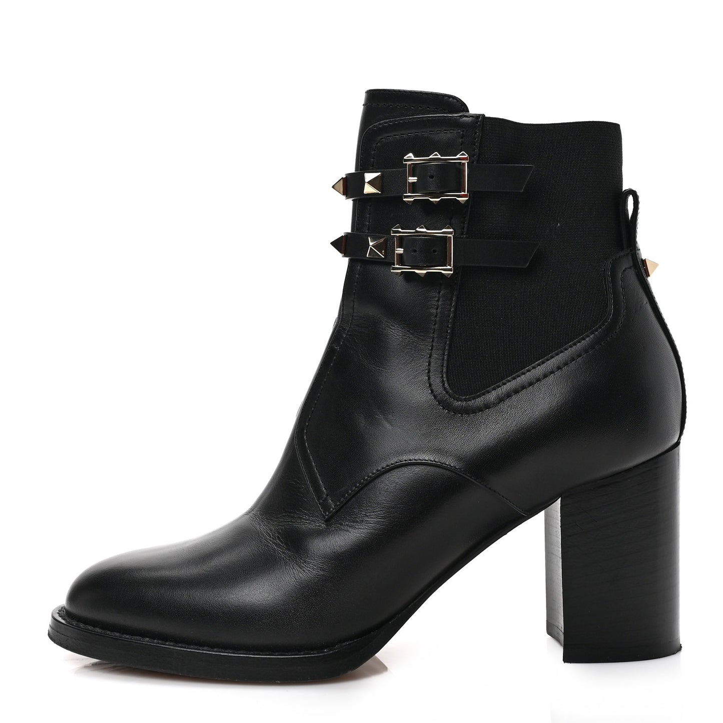 Calfskin Rockstud Double Buckle Beatle Chelsea 70mm Ankle Boots 38.5 Black