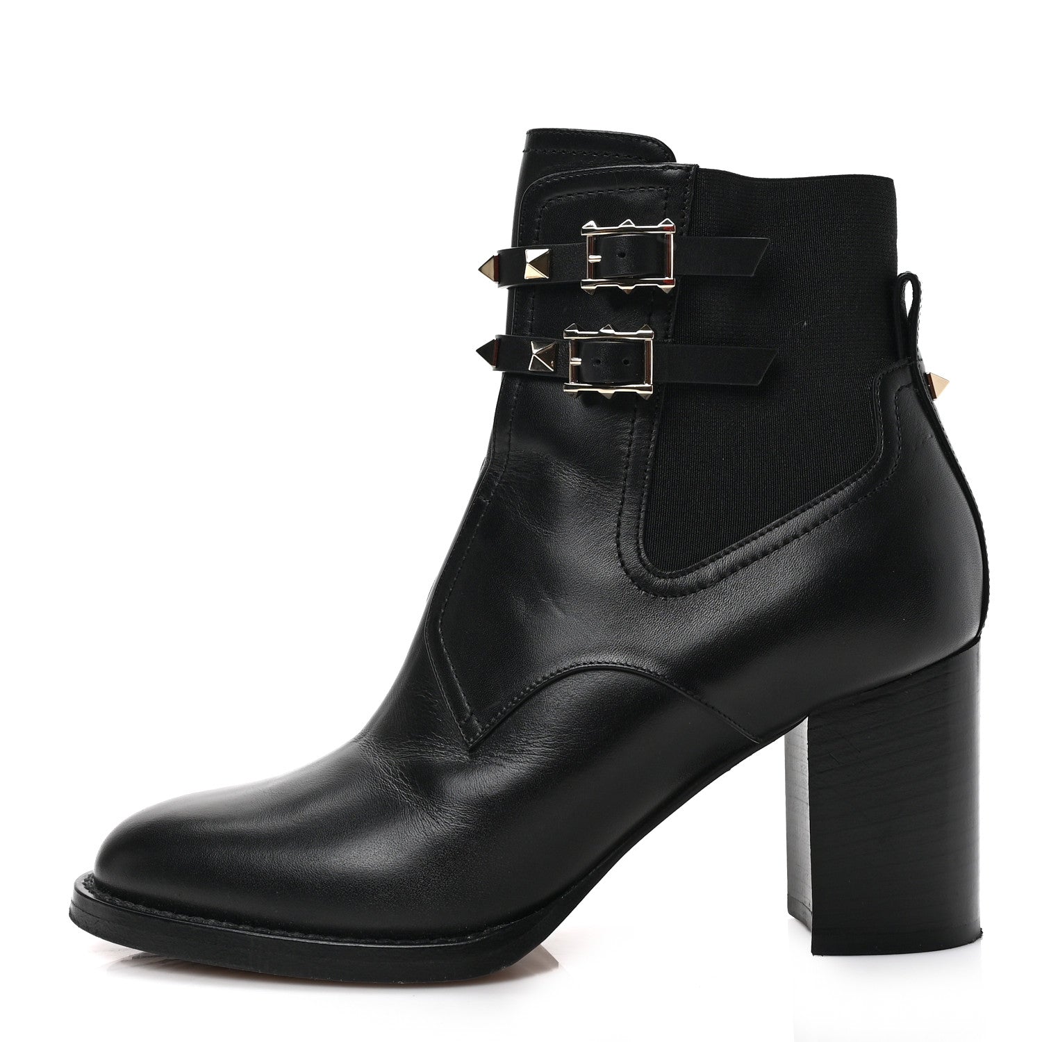 Valentino Garavani Calfskin Rockstud Double Buckle Beatle Chelsea 70mm Ankle Boots 38.5 Black 1 of 7