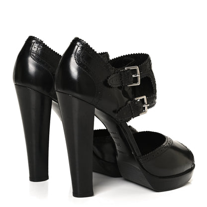 Hermes Glazed Calfskin Brogue Open Toe Pumps 39.5 Black 4 of 9