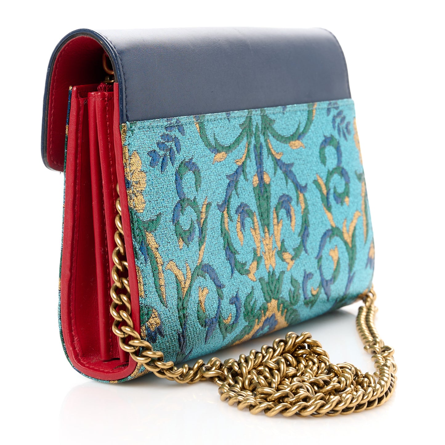 Metallic Brocade Calfskin Mini Dionysus Chain Wallet Black Blue Azure