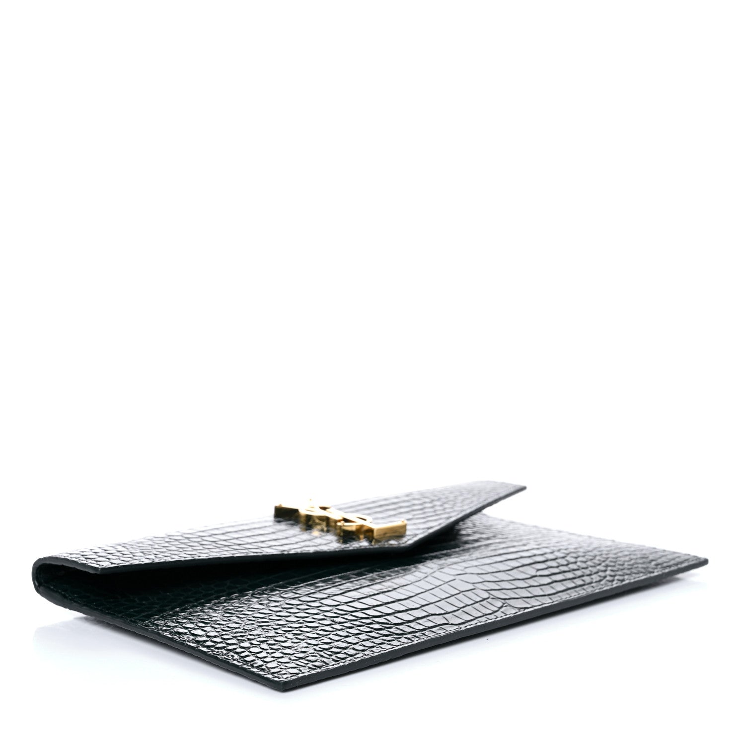 Saint Laurent Calfskin Crocodile Embossed Uptown Monogram Clutch Dark Mint 4 of 8