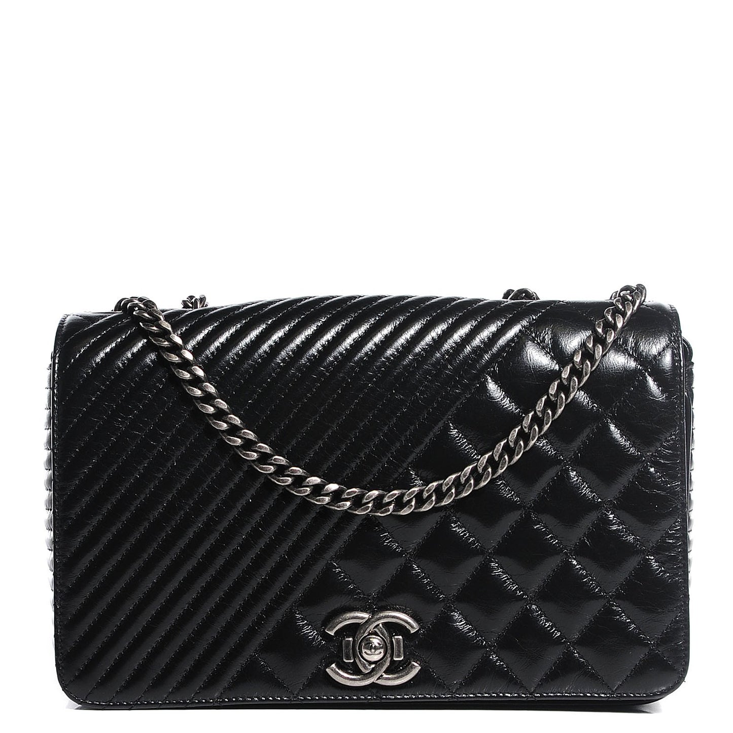 Glazed Calfskin Quilted Medium Coco Boy Flap Black
