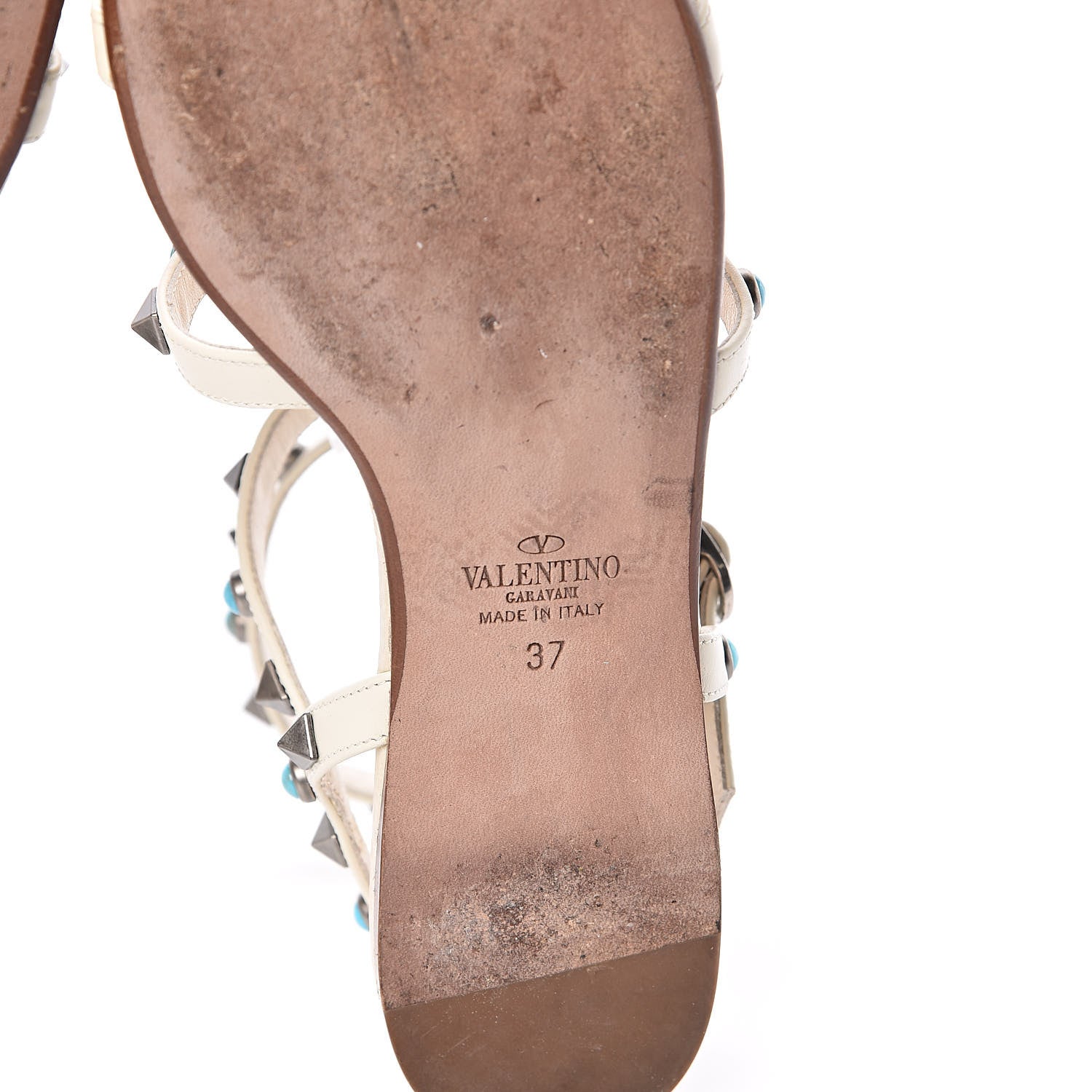 Valentino Garavani Calfskin Turquoise Rockstud Rolling Gladiator Flat Sandals 37 Light Ivory 6 of 8