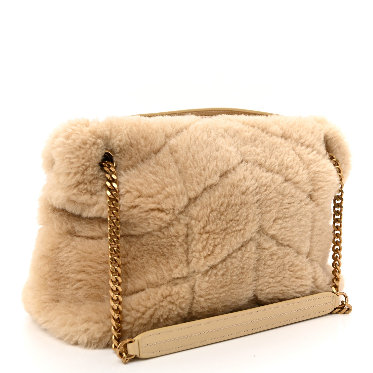 Saint Laurent Merino Shearling Lambskin Quilted Small Loulou Puffer Monogram Chain Satchel Natural Beige 3 of 10