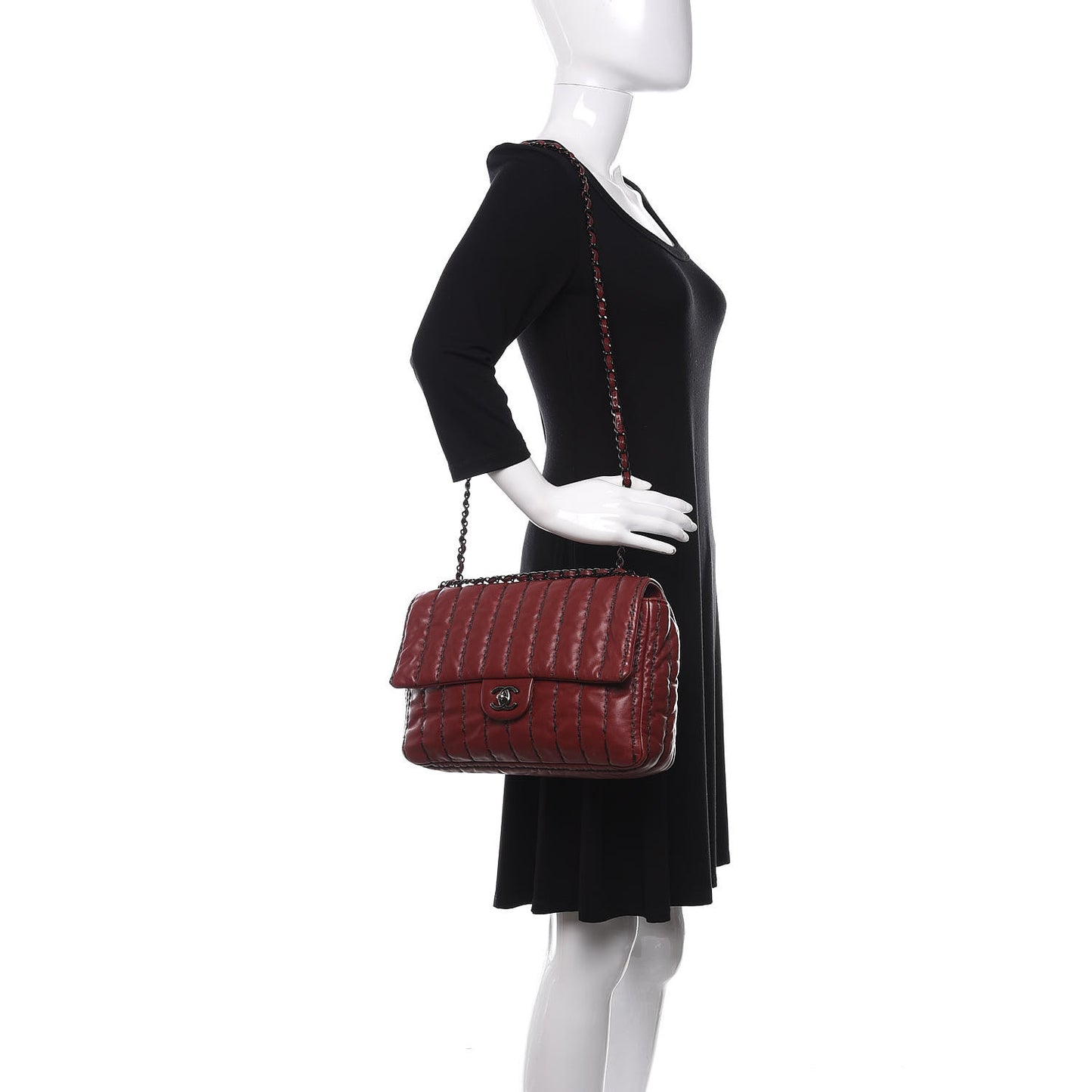 Lambskin Vertical Stitch Jumbo Single Flap Dark Red