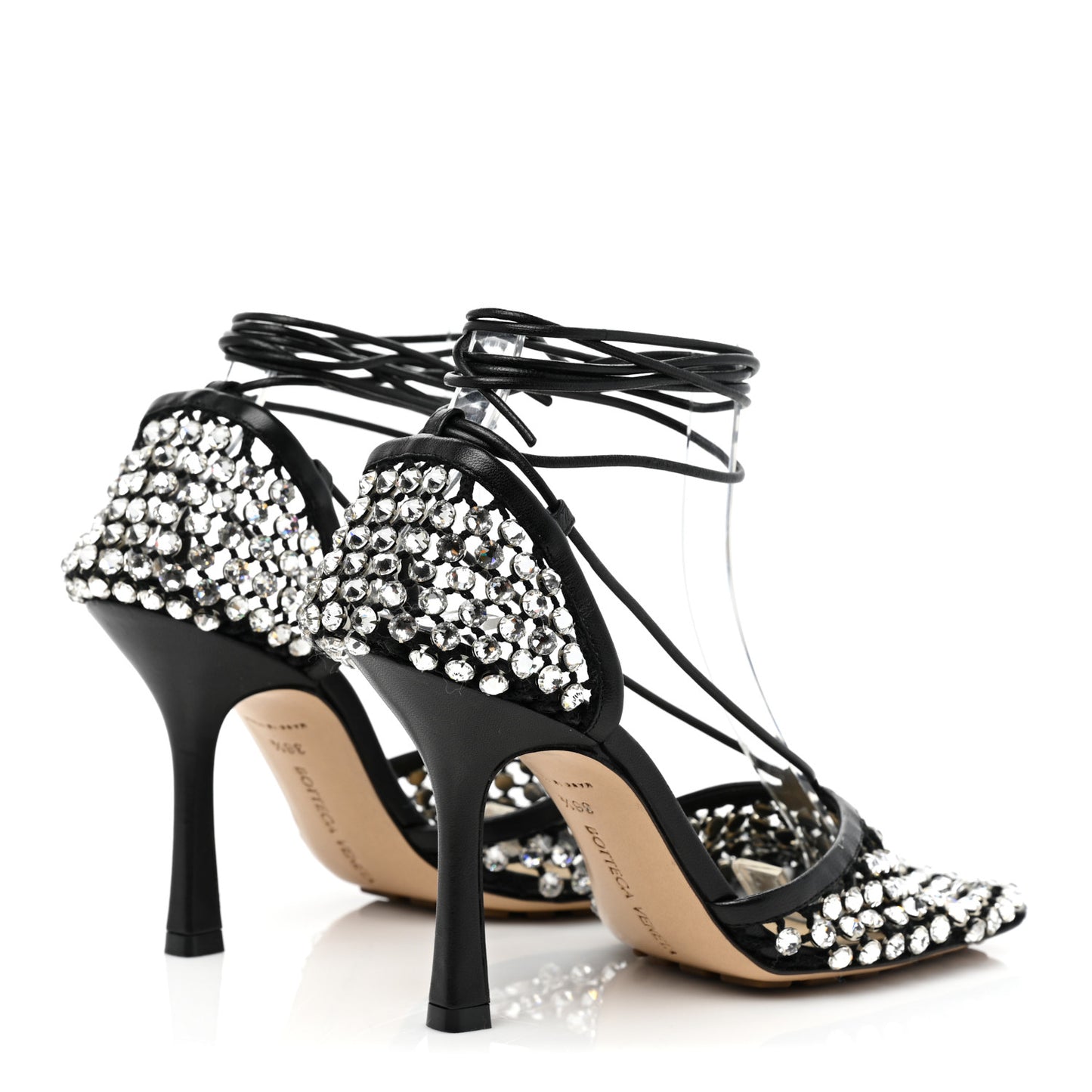 Mesh Nappa Crystal Embellished Sparkle Stretch Ankle Tie Sandals 36.5 Black