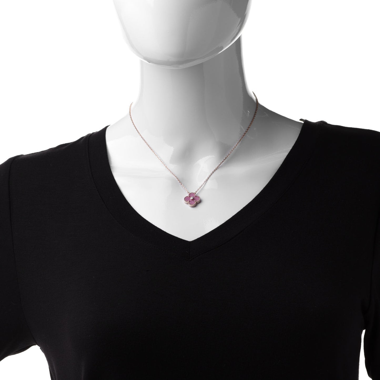 18K Rose Gold Diamond Rhodonite Vintage Alhambra Pendant Necklace