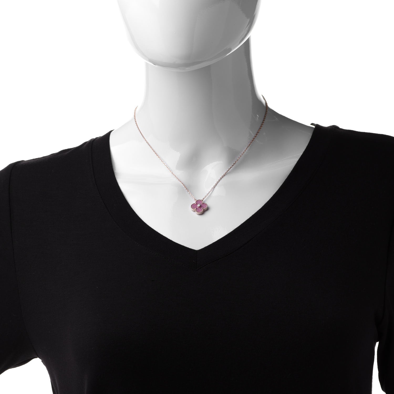Van Cleef & Arpels 18K Rose Gold Diamond Rhodonite Vintage Alhambra Pendant Necklace 2 of 8