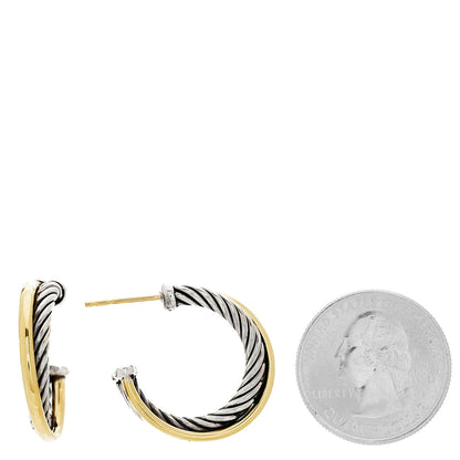 David Yurman Sterling Silver 18K Yellow Gold 23mm Crossover Cable Hoop Earrings 2 of 4