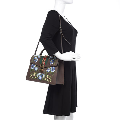 Gucci Calfskin Embroidered Medium Sylvie Top Handle Bag New Acero Multicolor 2 of 9