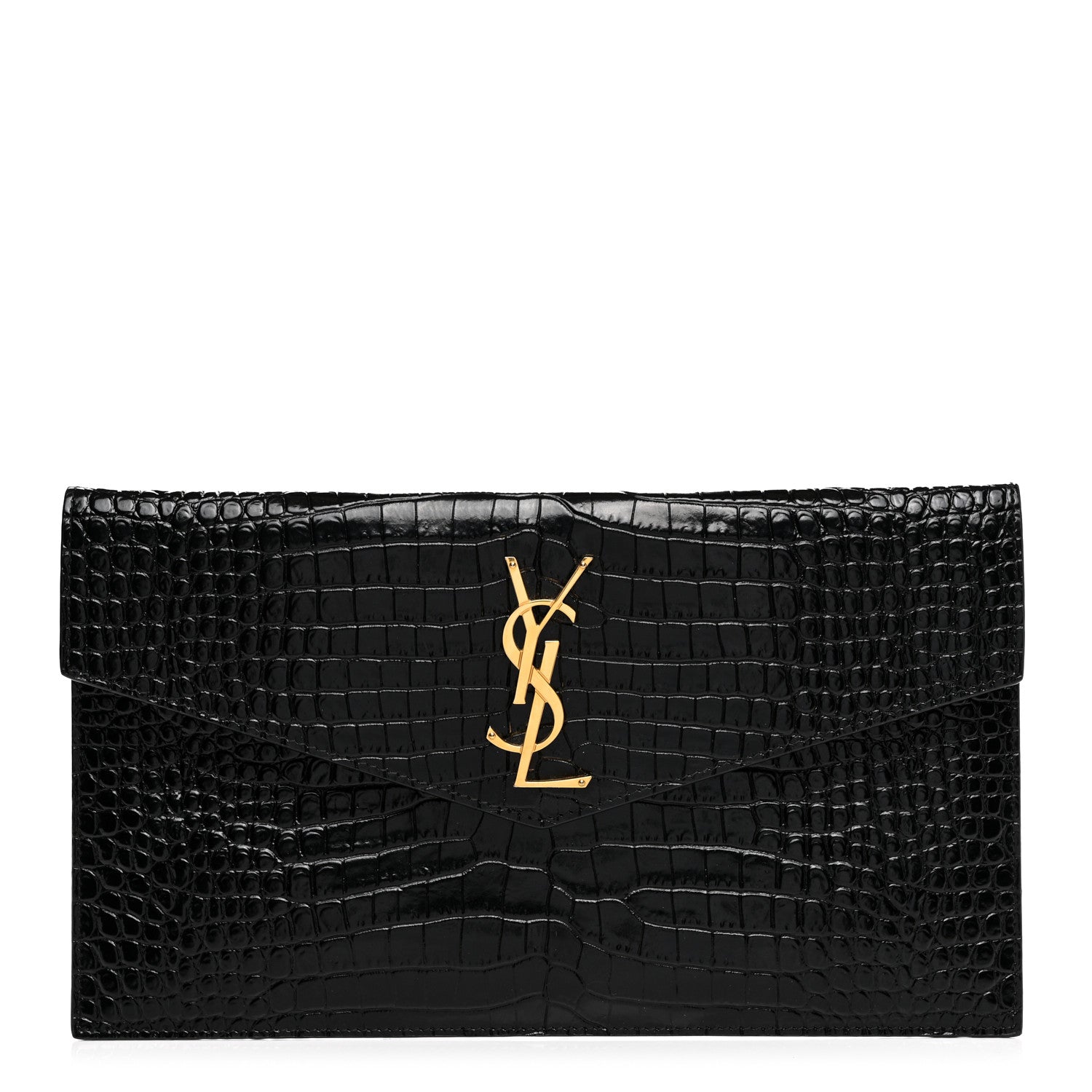 Saint Laurent Calfskin Crocodile Embossed Uptown Monogram Clutch Black 1 of 7