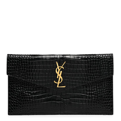 Saint Laurent Calfskin Crocodile Embossed Uptown Monogram Clutch Black 1 of 7