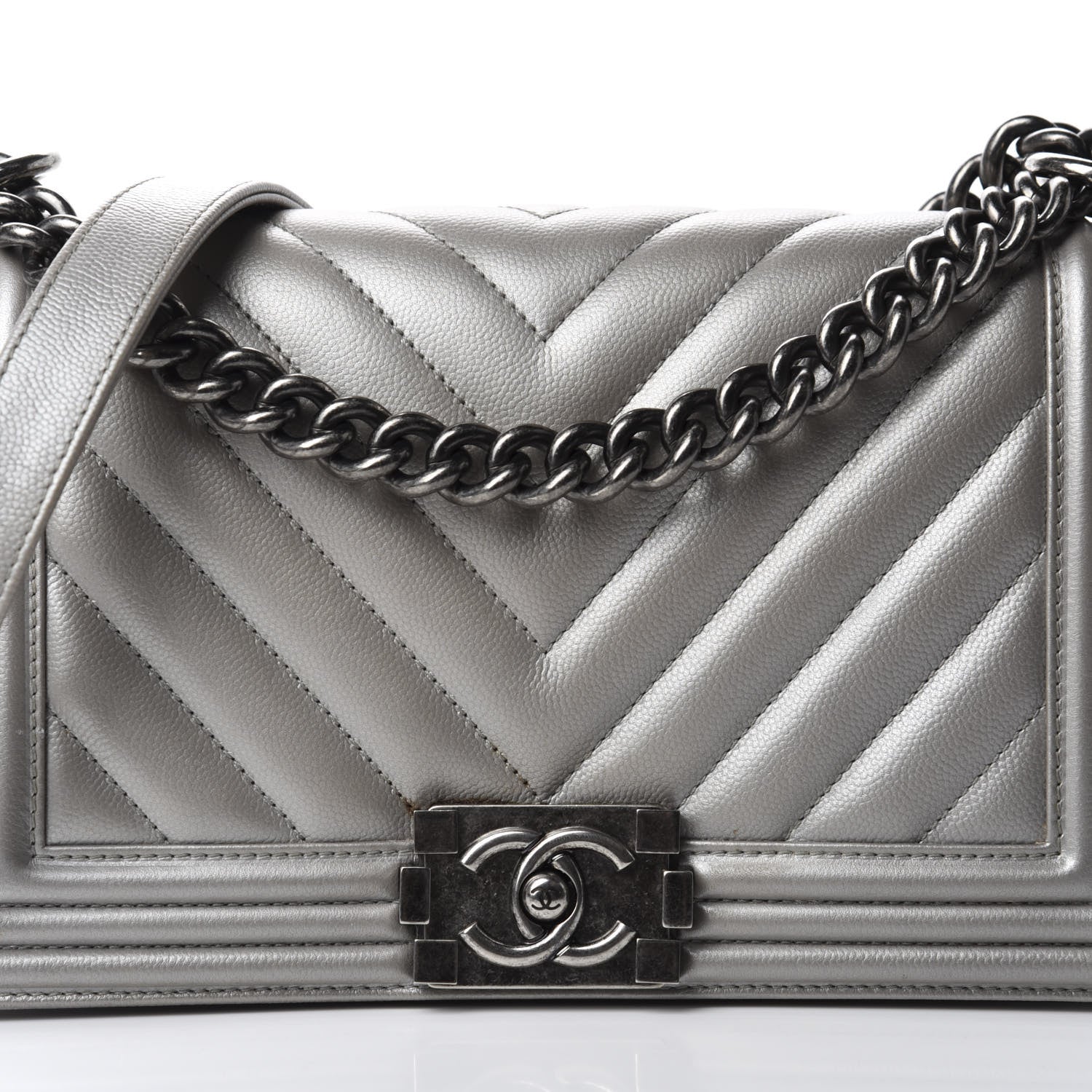 Chanel Metallic Caviar Chevron Quilted Medium Boy Flap Silver 13 of 14