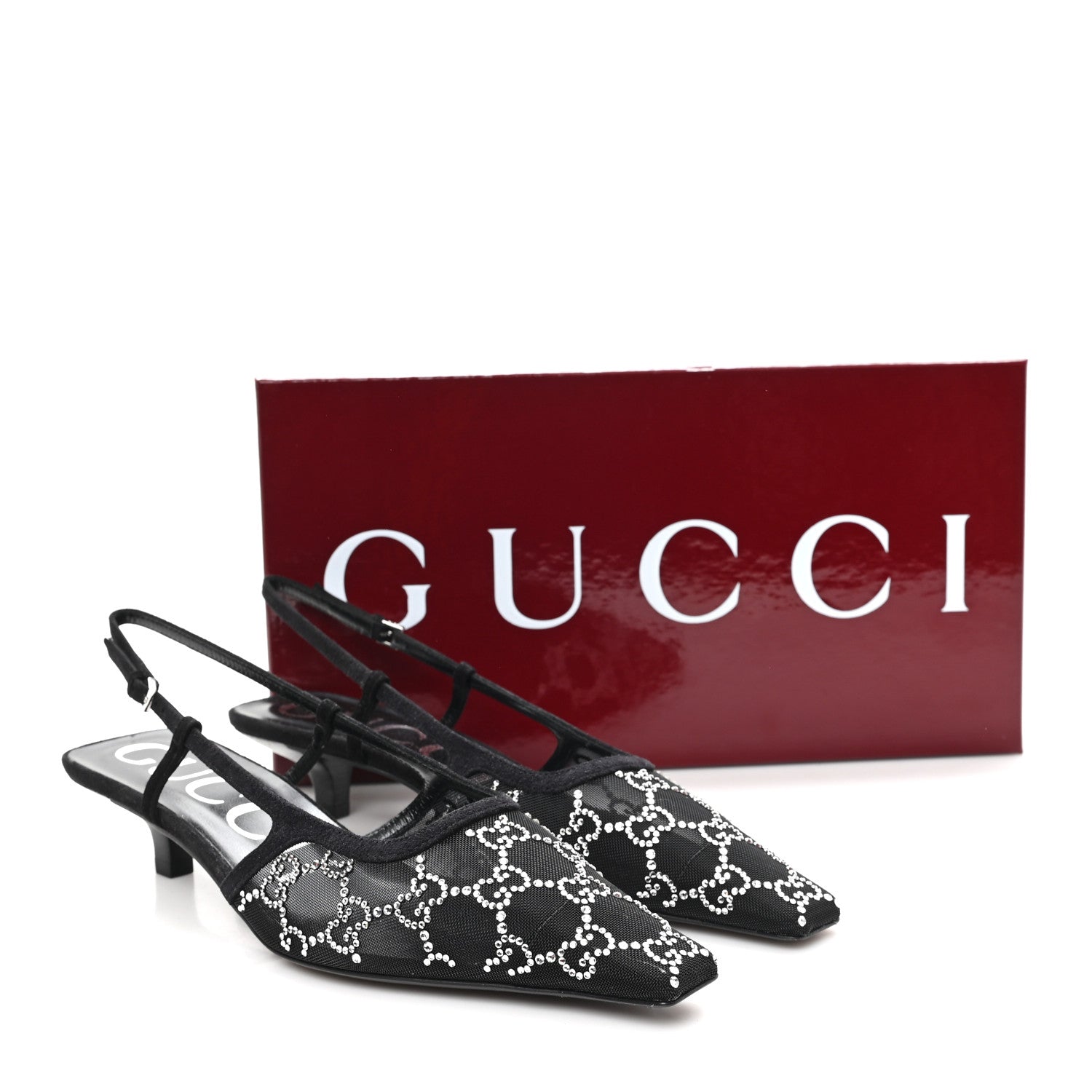 Gucci Tela Retino Kid Scamosciato Crystal GG Monogram Square G 35mm Slingback Pumps 37.5 Black 9 of 9