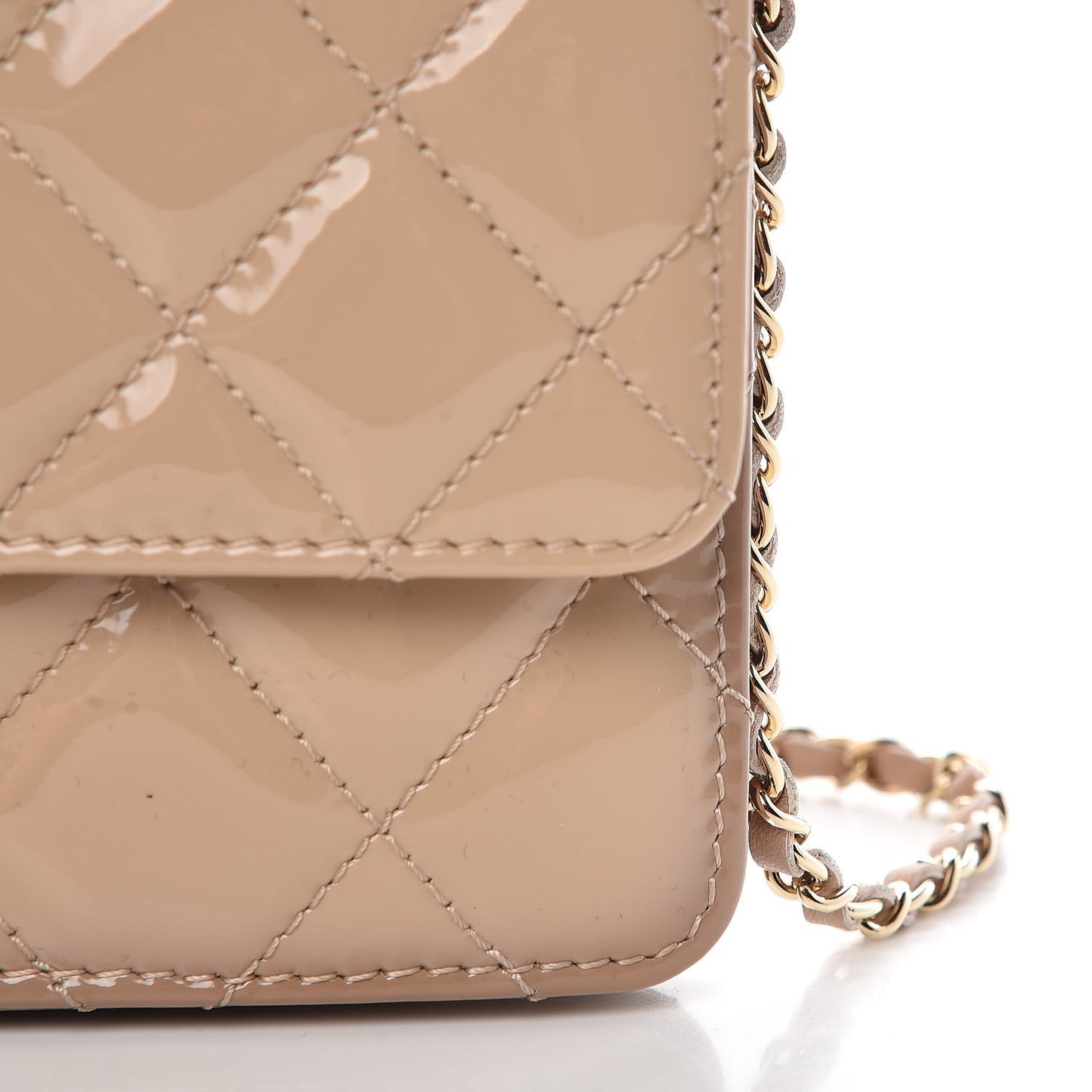 Patent Quilted Golden Class Wallet on Chain WOC Light Beige